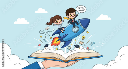 Children riding a rocket ship launched from an open book symbolizing imagination and learning for future success