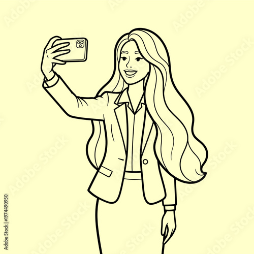 Engaging line art illustration of a cheerful young professional woman confidently capturing a memorable moment with a smartphone selfie, embodying modern connectivity and self-expression
