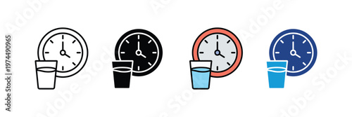 Clock with water glass icon set.  water intake reminder and daily hydration goals symbol. Vector Illustration.