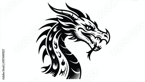A black and white vector illustration of a dragon's head with flames and sharp teeth