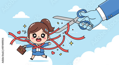 Businesswoman breaking free from red tape and bureaucracy with scissors cutting through the ribbons