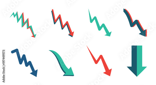 Set of declining arrow graphs in different colors illustrates negative trends and economic downturns for business and financial reporting.