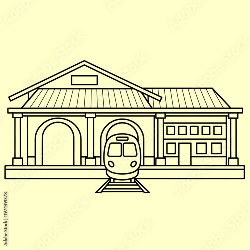 Simple line art illustration depicting a classic train station building with a passenger train arriving at the platform, symbolizing public transportation infrastructure and travel journeys