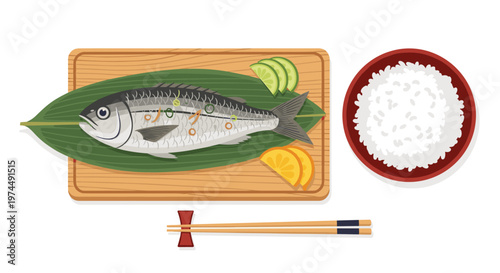 Traditional Japanese meal features a grilled fish on a leaf on a wooden board served with white rice and chopsticks.