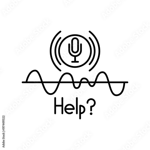 Voice help assistance icon with microphone and frequency wave graphic representing smart assistant technology and audio support systems for user interaction and voice recognition help services.