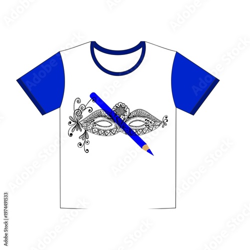 Black and white hand-drawn venetian carnival mask with intricate patterns adorned with a long blue pencil highlighting artistic expression on a white t-shirt with blue sleeves.