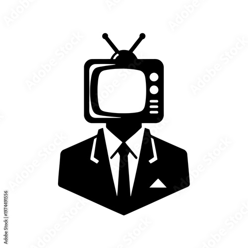 Retro tv head businessman icon silhouette representing media influence and corporate broadcasting news presenter symbol in flat black and white design style isolated on white background for web.
