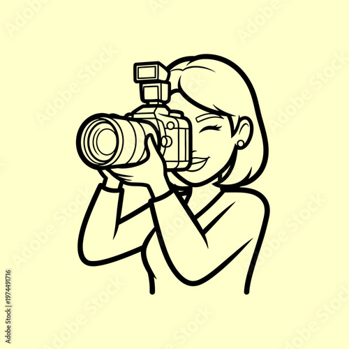 A stylized illustration of a woman holding a DSLR camera, capturing a moment with a flash