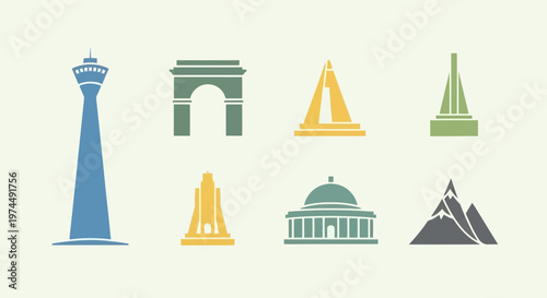 Stylized collection of iconic world landmarks and architectural structures, representing diverse global travel destinations, perfect for tourism and cultural exploration