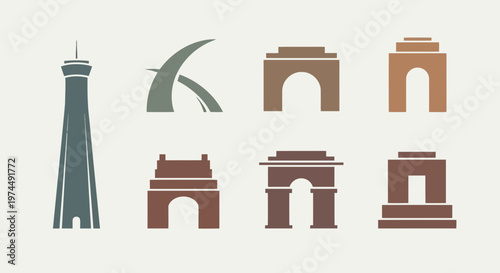 Collection of various architectural monument icons representing landmarks from around the globe