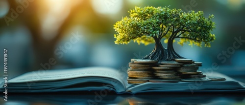 Stacked of coin money with small trees and account book finance and banking concept for background. concept in grow and walk step by step for success in business