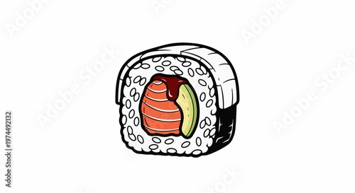 A single sushi roll with salmon and avocado, drizzled with sauce