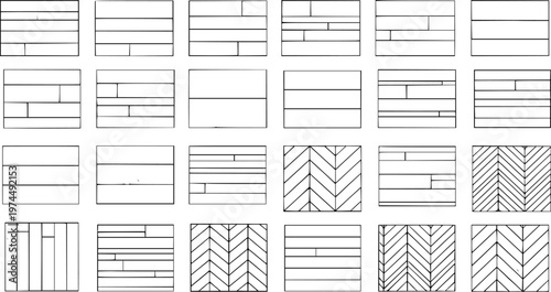 Detailed Collection of Wood Flooring  Tile Layout Patterns: Abstract Diagrams Featuring Plank, Staggered, and Herringbone Designs for Architectural  Interior Design Visuals