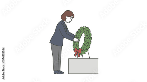 Woman Laying Wreath on Memorial Stand, Simple Line Art Illustration