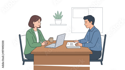 Businesswoman and Man Meeting at Office Desk with Laptop