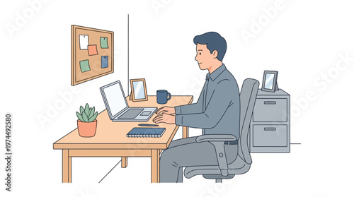 Young Man Working on Laptop at Wooden Desk in Home Office Vector Illustration