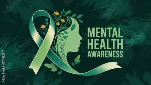 Mental Health Awareness illustration with human head silhouette, leaves, flowers, and green ribbon on textured dark green background