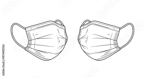 Pair of white medical face masks for surgical use and virus protection are shown in a detailed line art illustration.