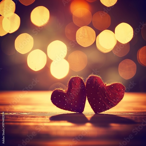 Two red hearts sitting on a table with a warm bokeh light background