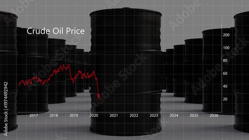 Industrial crude oil storage tank in storage warehouse, with rising energy price chart global fuel shortage and economic supply demand crisis in petroleum market concept
