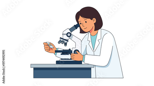 Female Scientist Looking Through Microscope at Lab Desk Isolated on White Vector Illustration