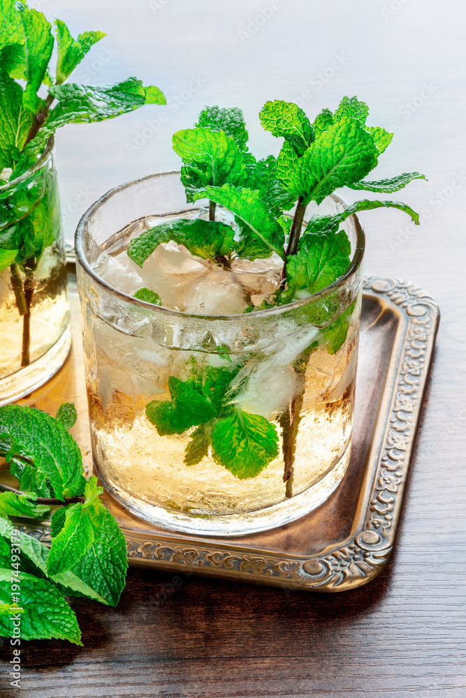 custom made wallpaper toronto digitalMint Julep, the classic Kentucky Derby cocktail, with fresh mint and crushed ice, on a rustic wooden background