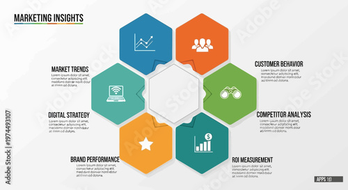 Marketing Insights Hexagonal Diagram Illustrating Business Strategy Components.