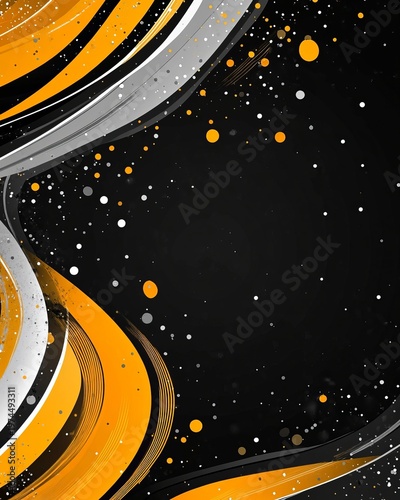 Vibrant Abstract Composition Featuring Yellow Bursts Against Charcoal Background with Silver Accents