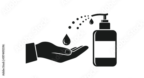 Black icon depicts a hand receiving a drop of sanitizer from a pump bottle to represent cleanliness and hygiene.
