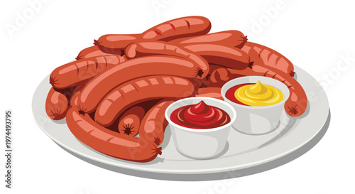 Large plate filled with many grilled sausages is served with small cups of classic red ketchup and yellow mustard sauce.