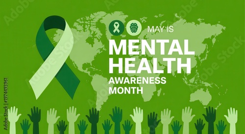 May is Mental Health Awareness Month illustration with green ribbon, world map, and diverse hands