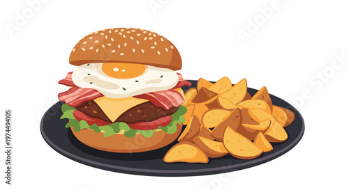 Delicious gourmet burger topped with a fried egg, bacon, and cheese is served on a dark plate with crispy potato wedges.