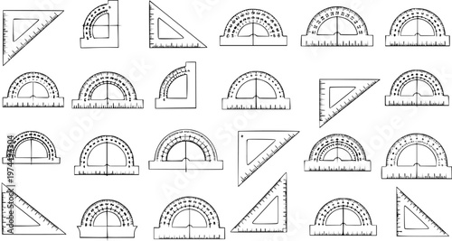 Hand-drawn sketch of various geometric tools including protractors and set squares, black and white line art for education and mathematics.