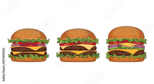 Selection of three large delicious burgers with multiple layers of meat, cheese, lettuce, and fresh vegetables.