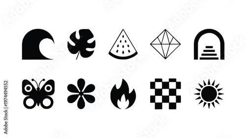 Black and white icons of various symbols and objects are shown