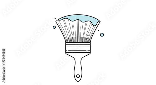 Black and white line art of a paintbrush dipped in light blue paint with several small droplets shown around it.