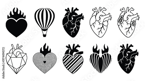 A collection of 10 pink line art heart designs with flames and patterns on a white background.