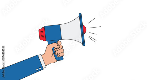 Business person hand holds a blue and white megaphone with a red speaker to broadcast an important message.