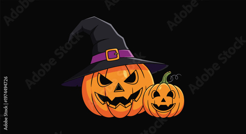 Two spooky halloween jack o lanterns with glowing eyes and one wearing a classic black pointed witch hat over a solid dark background.