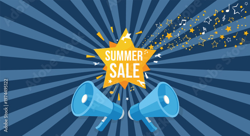 Summer sale promotional banner with large star megaphones and musical notes on a dark blue sunburst background for vibrant marketing ads.