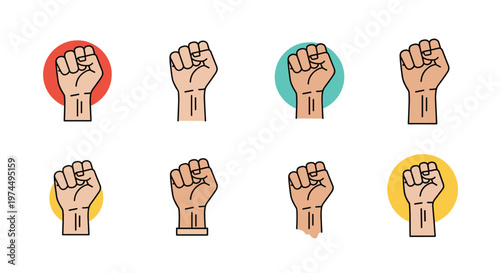 Series of clenched fist icons in different skin tones and styles some enclosed in colorful circles to represent strength power and unity.