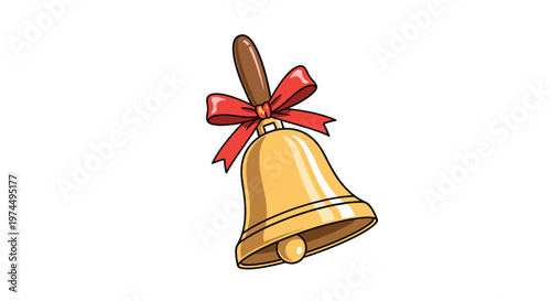 Traditional golden hand bell with a brown handle and a large decorative red bow tied around the top for festive and school announcement uses.