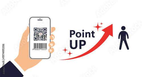 Hand holding a smartphone scanning a qr code for point up rewards program with a red arrow and human figure representing user engagement.