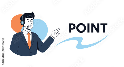 Professional customer service representative with headset pointing at the word point with abstract blue and orange background shapes.