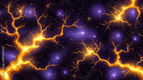 Glowing neon vines branching pattern cosmic background vibrant yellow purple galaxy abstract energy electric light outer space fantasy surreal art