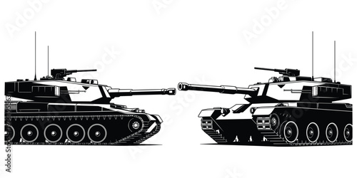 Battle tanks facing silhouette illustration, modern armored vehicle artwork, military combat design concept scene, war technology confrontation structure, flat vector illustration