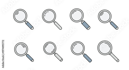 Set of magnifying glass icons with light blue handles and glass lenses arranged in rows for search and discovery motifs.