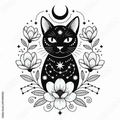 Mystical Black Cat with Moon, Stars and Floral Ornament Vector Illustration