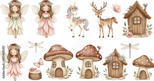 Whimsical fairies and fantastical creatures in a mystical forest setting with mushrooms and houses