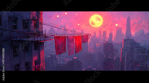 Cyberpunk cityscape sunset sky red laundry high rise building neon glow futuristic skyline dramatic atmosphere urban wires digital art vibrant color
